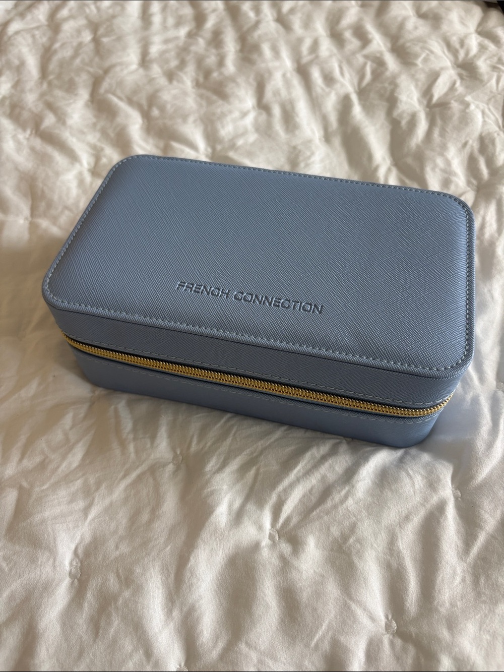 French Connection Light Blue Jewelry Case with Gold Zipper